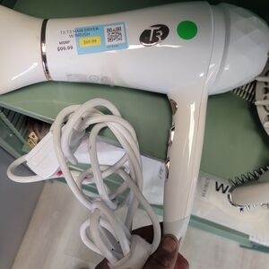 T3 Glossy White Hair Dryer with Silver Accents